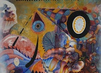 a painting of a colorful painting with a clock on it