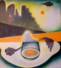 a painting of an egg with a mountain in the background