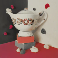 a teapot sitting on top of a block of bricks