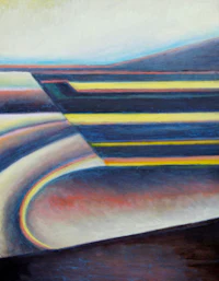 a painting of a road with blue and yellow lines