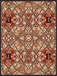 a red, brown, and beige rug with an abstract design