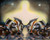 a painting of two fish looking at each other