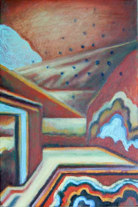 a painting of a house in the desert