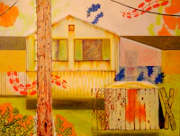 a painting of a house next to a tree
