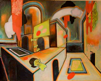 a painting of a room with various objects on it
