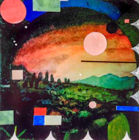 a painting with colorful shapes and a sunset
