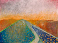 a drawing of a road with orange and blue colors