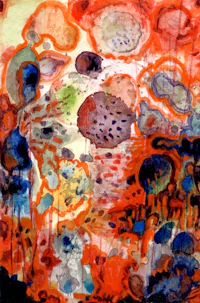an orange and blue painting with a lot of splashes
