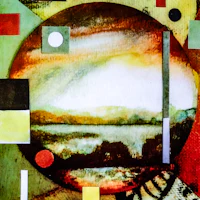 an abstract painting of a circle and squares