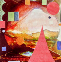 a painting of a mountain with a red circle in the middle
