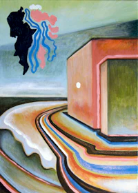 a painting of a building with a rainbow in the background