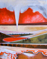 a painting of a red and white landscape