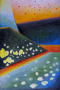 a painting of a lake with a rainbow in the sky