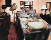 a painting of a room with a bed and a lamp