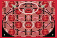 a red and white pattern with a circle in the middle