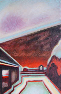 a painting of a house with a red sky