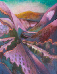 a painting of a valley with mountains in the background
