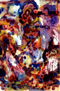 an abstract painting with red, blue, and yellow colors