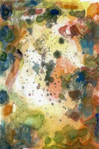 a watercolor painting of a yellow, orange, and blue background
