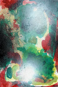 an abstract painting with red, green, and blue colors