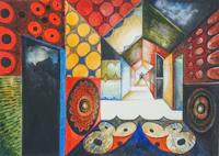 an abstract painting of a room with colorful circles