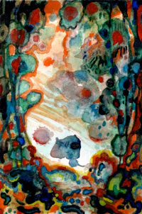 a watercolor painting of a cat in a forest
