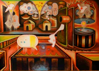 a painting of a room with various objects on it