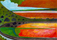 a colored drawing of a landscape with mountains and a river